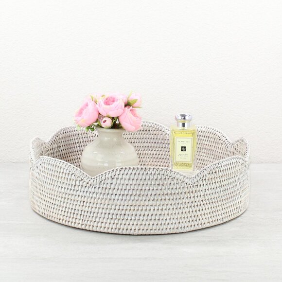 NEW Tight Woven Scalloped Round Rattan Tray-Whitewash